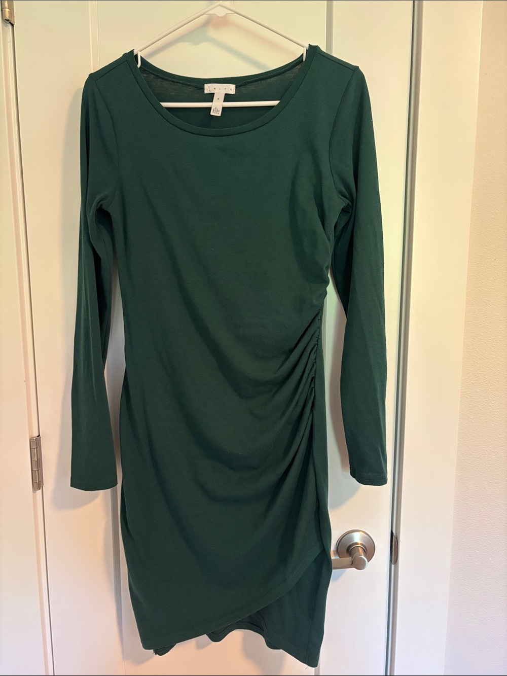 Leith Dark Green Long-Sleeve Side-Ruched Knit Dress